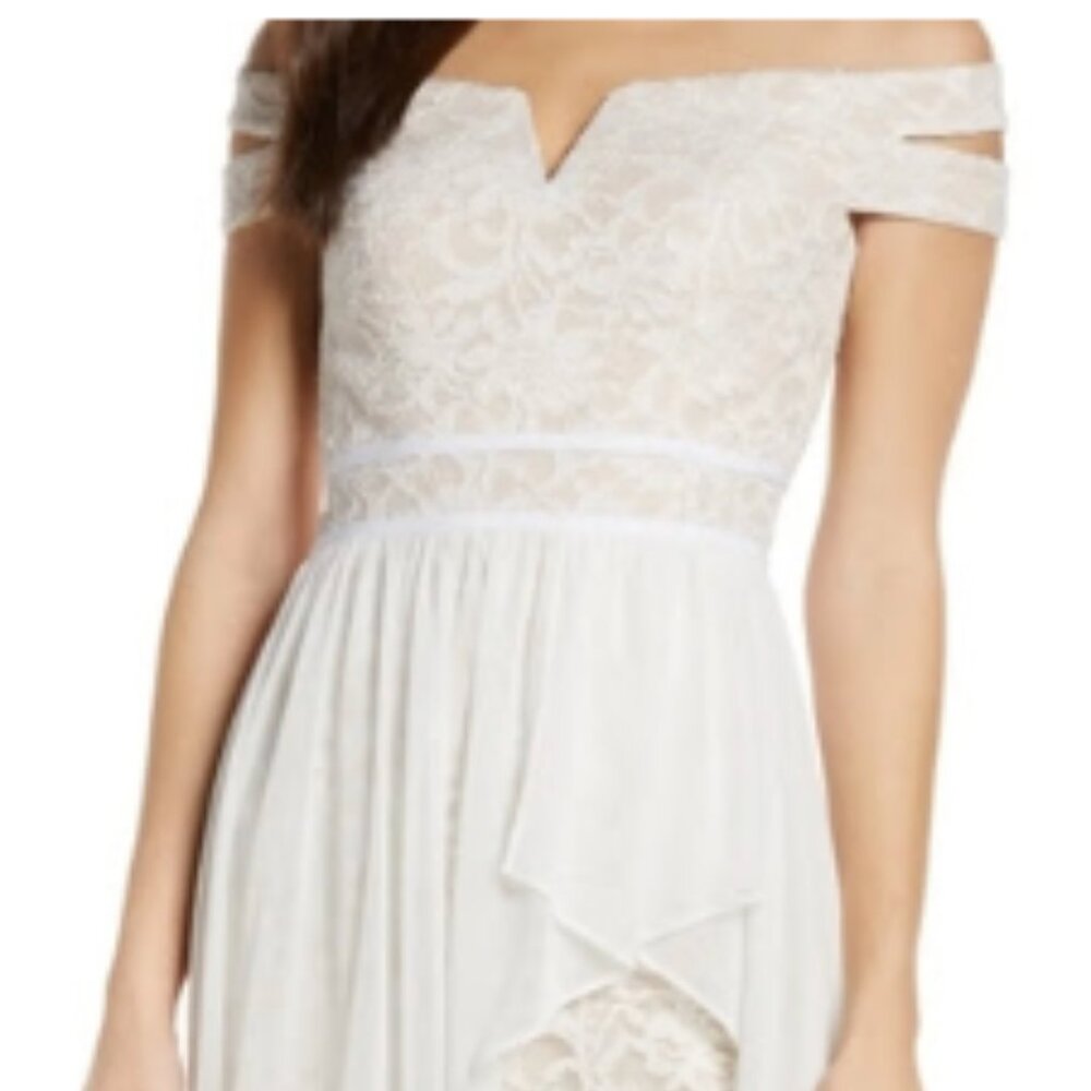 Morgan & Co Ivory Nude Off the Shoulder Lace & Chiffon Dress Size 16W